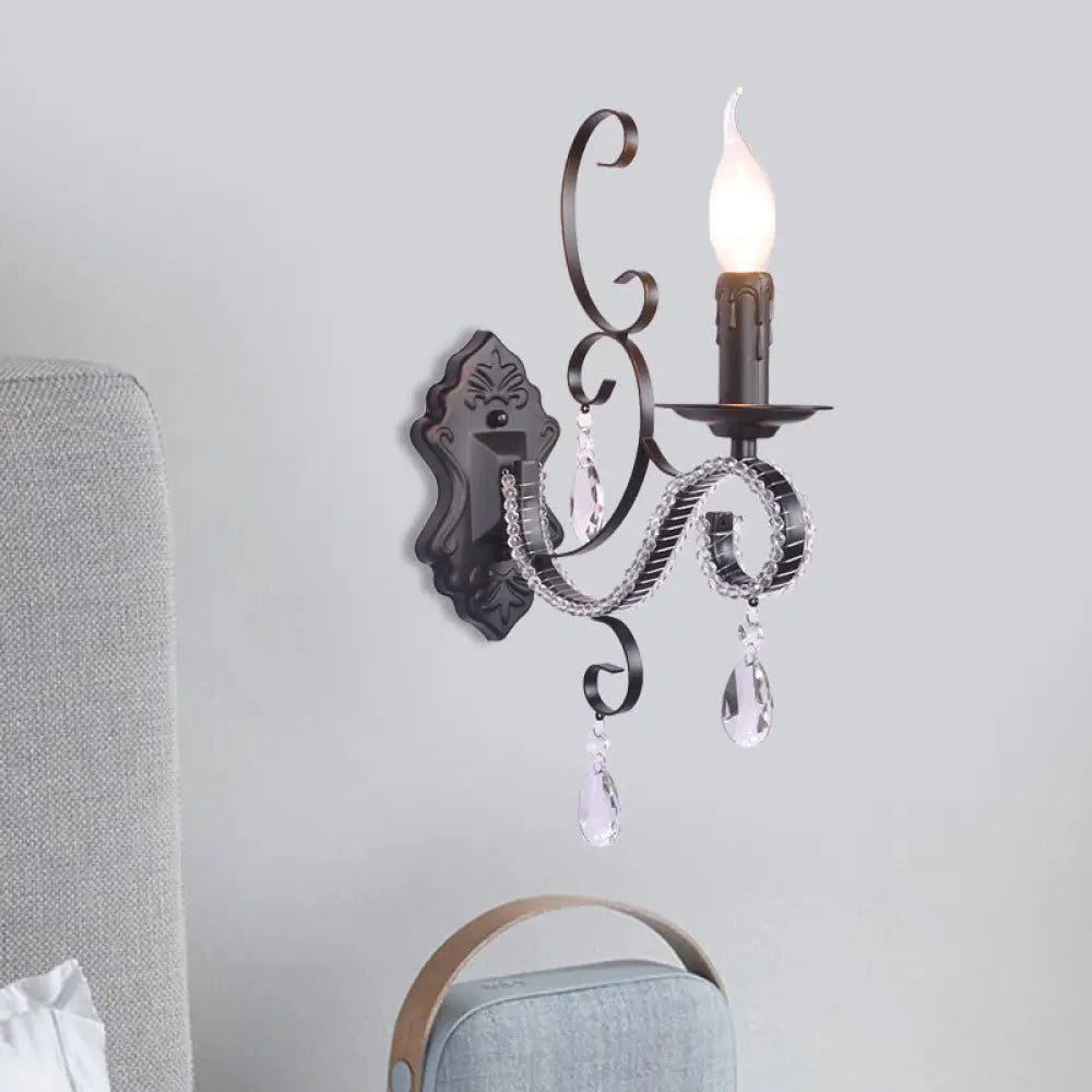 Vintage Candle Wall Lamp with Crystal Accent, Black Metal Finish