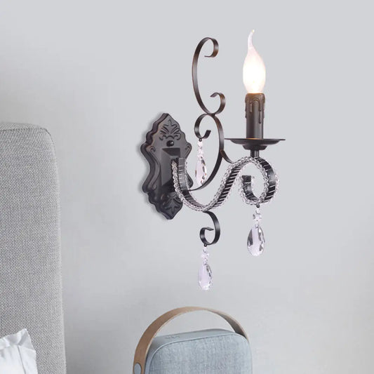 Vintage Candle Wall Lamp with Crystal Accent, Black Metal Finish