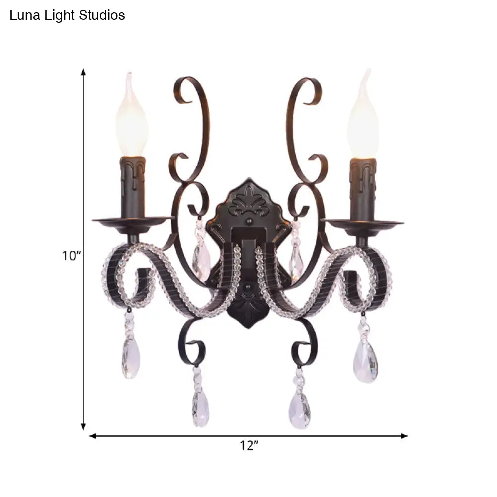 Vintage Candle Wall Lamp with Crystal Accent, Black Metal Finish