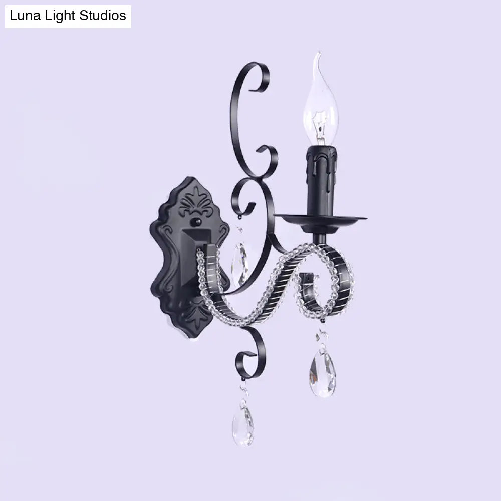 Vintage Candle Wall Lamp with Crystal Accent, Black Metal Finish