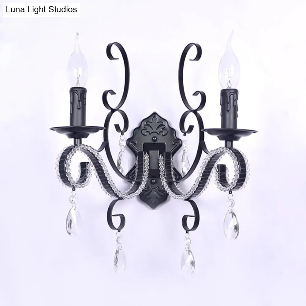 Vintage Candle Wall Lamp with Crystal Accent, Black Metal Finish