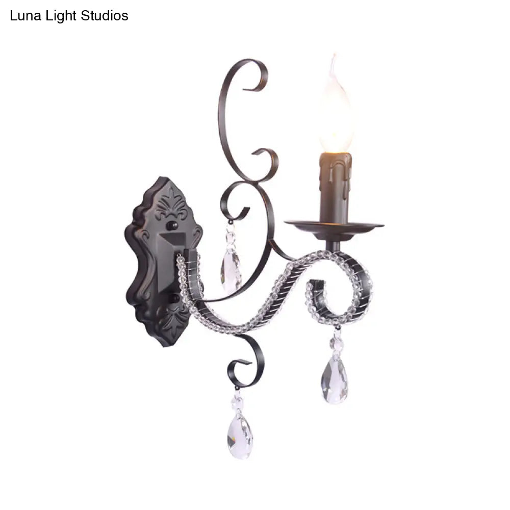 Vintage Candle Wall Lamp with Crystal Accent, Black Metal Finish