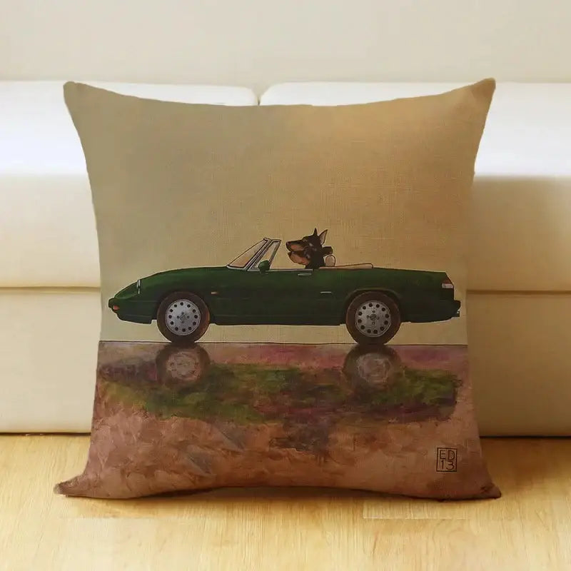 Beige linen pillow cover featuring a decorbites cartoon dog driving a green convertible sports car for living room decorbites cartoon dog