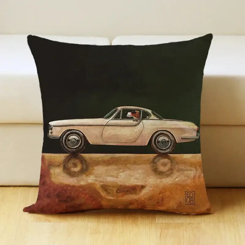 Black linen pillow cover with vintage cream cartoon dog car illustration and reflective brown ground for decorbites decor