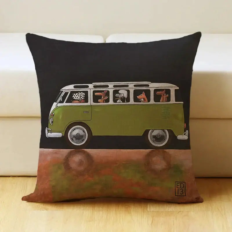 Black pillow cover with a green and white cartoon dog car illustration featuring anthropomorphic dogs for decorbites cartoon dog decor