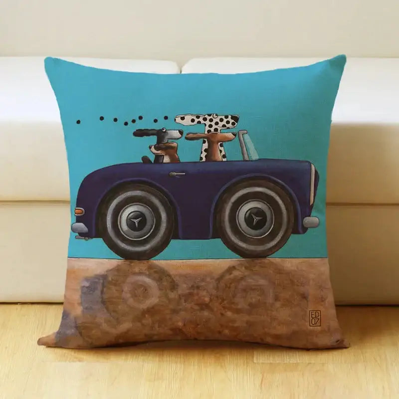 Blue linen pillow cover with cartoon dog car illustration vintage style for living room decorbites decorbites cartoon dog