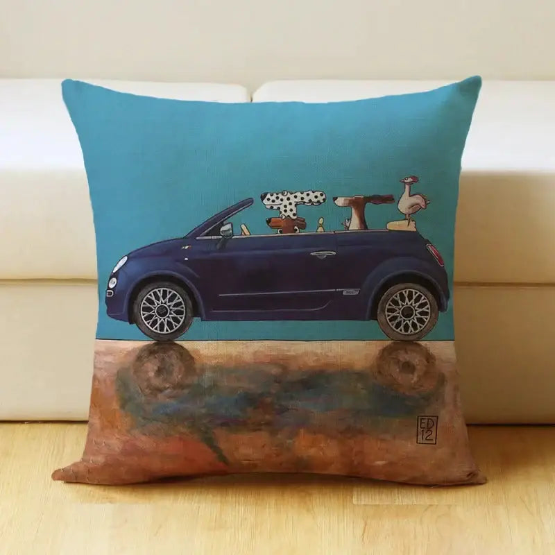 Blue pillow cover featuring decorbites cartoon dog car illustration with dogs and goose for living room linen decor