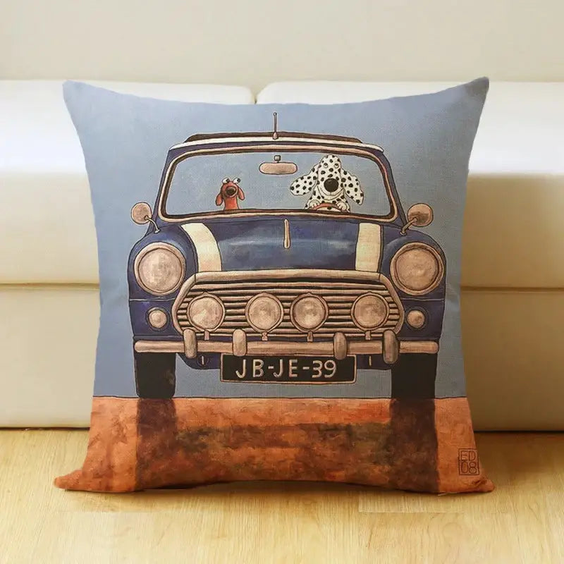Blue and white vintage linen pillow cover featuring decorbites cartoon dog car design with two dogs in driver seats