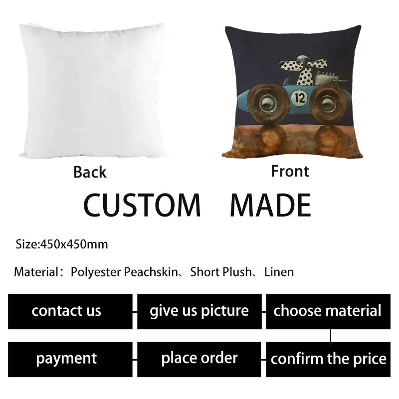 Custom-made pillow cover with whimsical cartoon dog car featuring number 12 on dark blue linen decorbites decor