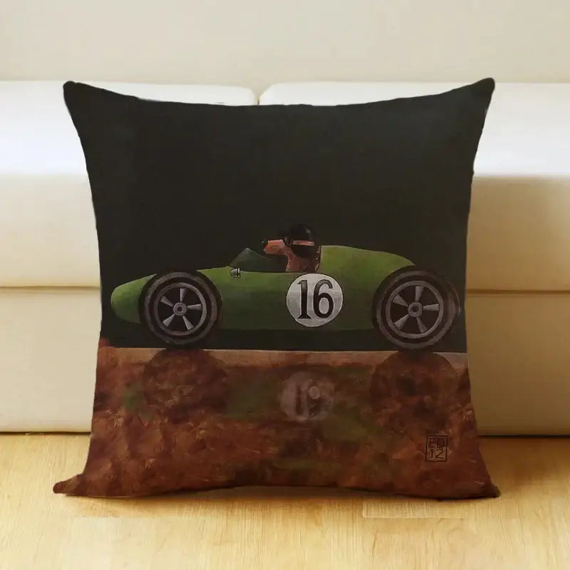 Green vintage race car pillow cover with brown dirt effect on black background for decorbites cartoon dog decor