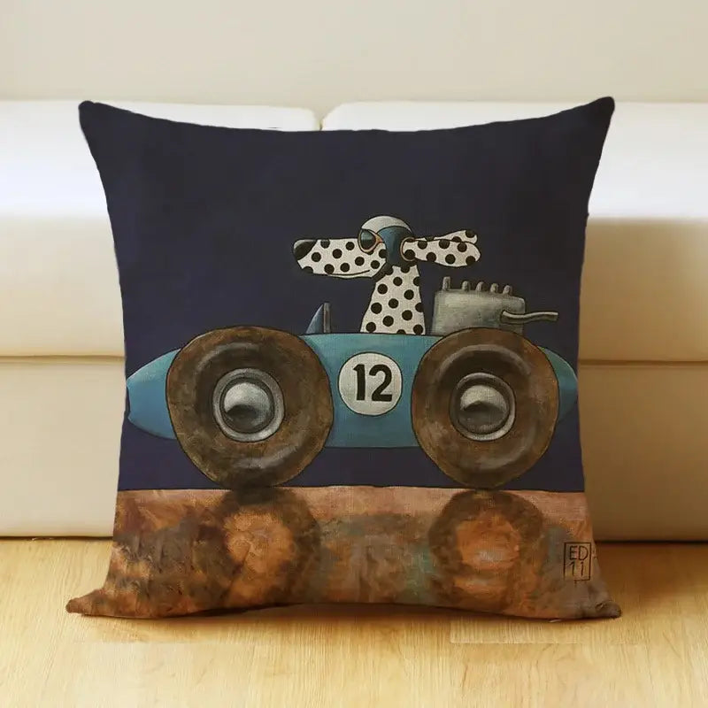 Navy blue linen pillow cover featuring a decorbites cartoon dog car number 12 for vintage living room decor