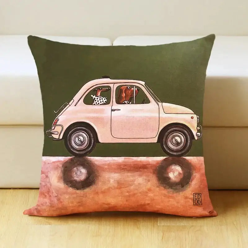 Olive green linen pillow cover featuring a decorbites cartoon dog car illustration for living room decor