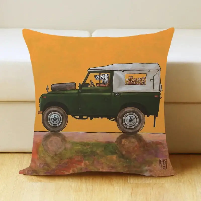 Orange linen pillow cover featuring a decorbites cartoon dog car with a dalmatian driver for living room decor