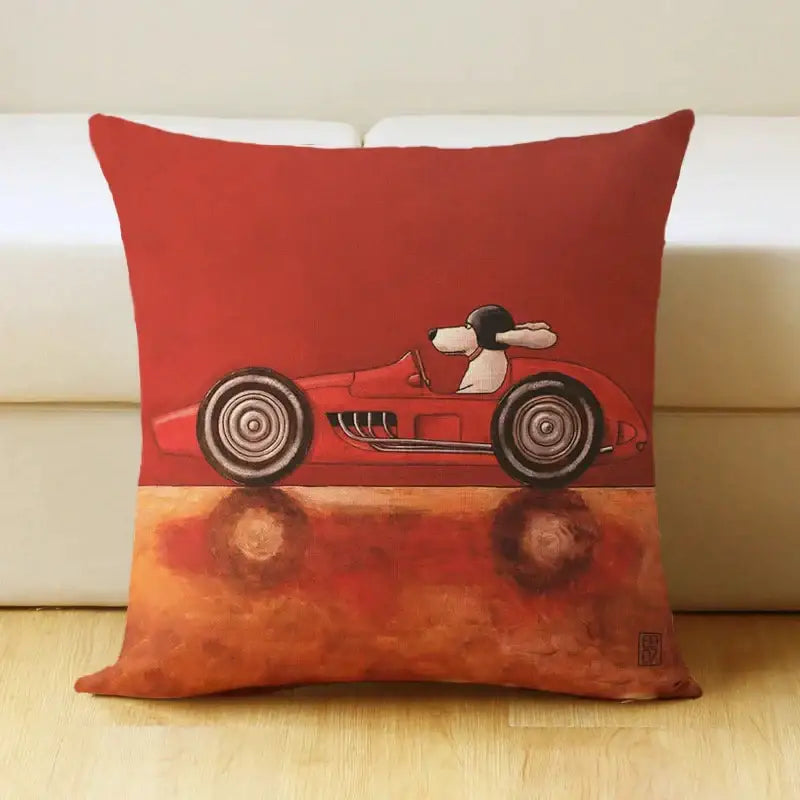 Red linen pillow cover featuring a decorbites cartoon dog driving a red race car for living room decor