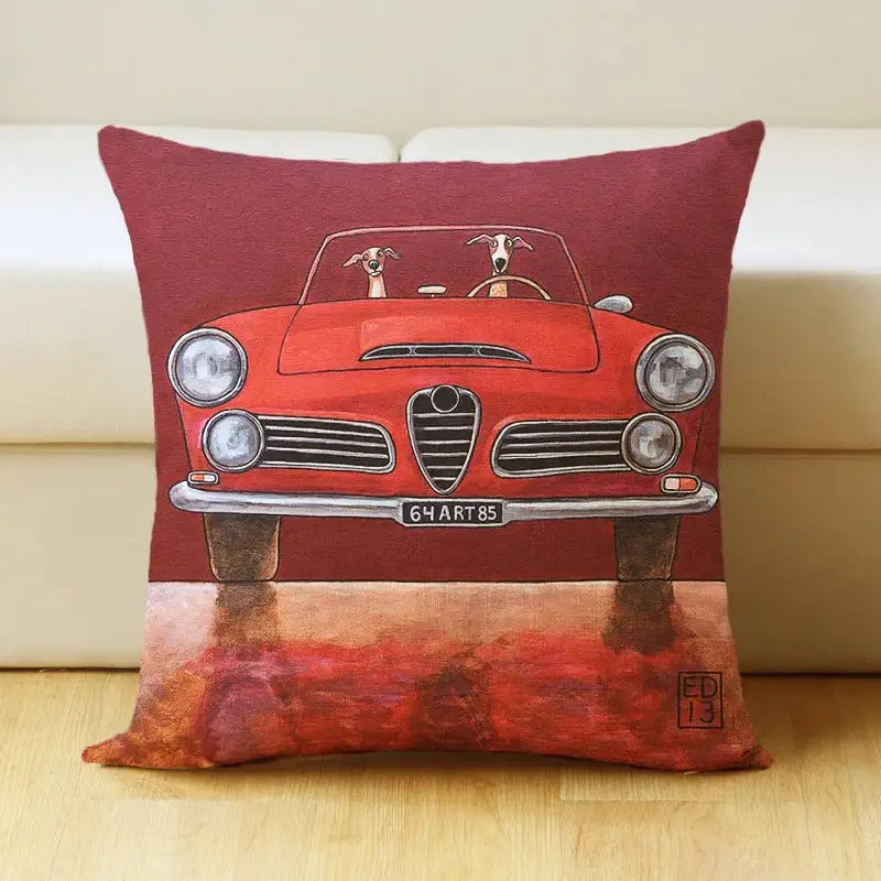 Red alfa romeo-inspired pillow cover featuring two dogs in cartoon dog car design for living room linen decorbites decorbites cartoon dog pillow cover