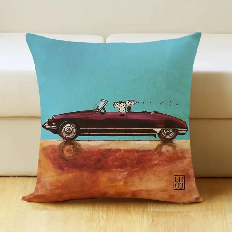 Square linen pillow cover featuring a maroon convertible cartoon dog car and dalmatian driver for living room decorbites decor