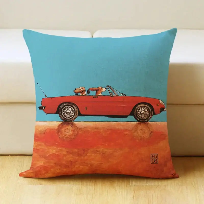 Square pillow cover featuring a decorbites cartoon dog car design in turquoise and orange linen for living room decorbites decor