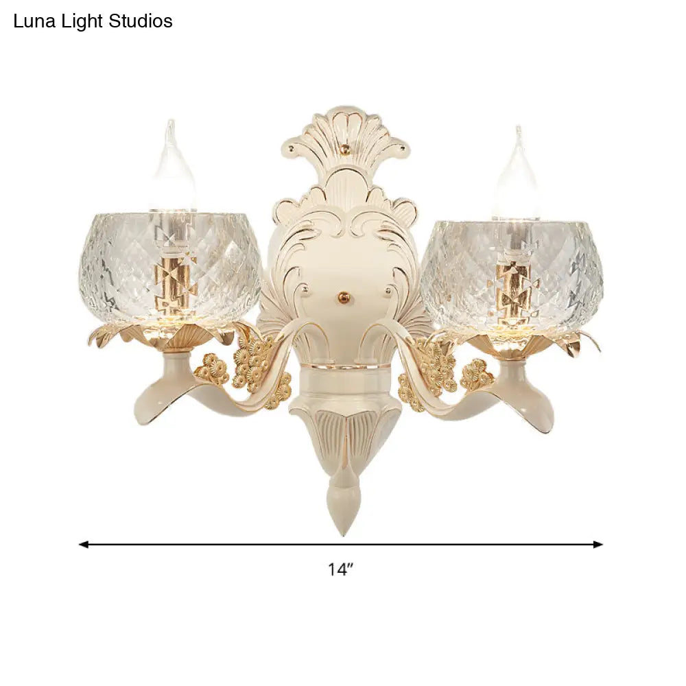 Vintage Carved Arm Wall Sconce with Clear Glass Lampshade - White