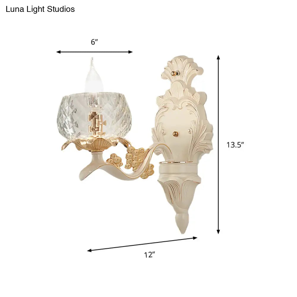 Vintage Carved Arm Wall Sconce with Clear Glass Lampshade - White