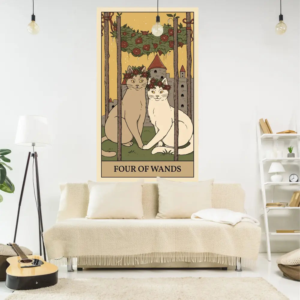 Beige and cream vintage cat tapestry wall hanging featuring two cats with floral crowns labeled four of wands decorbites cat tapestry