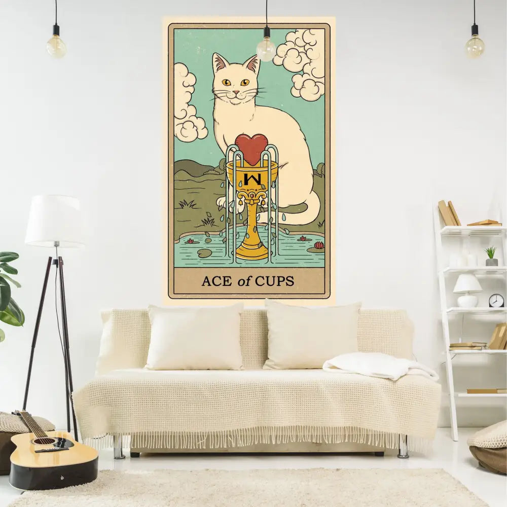 Beige illustrated wall hanging decorbites cat tapestry featuring ace of cups tarot card with white cat and golden chalice