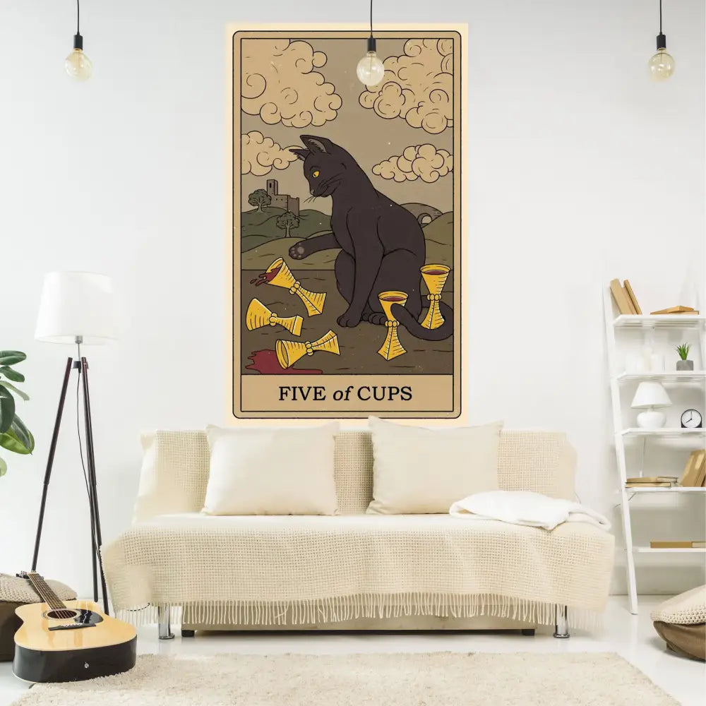 Vintage black cat tapestry wall hanging with golden cups featuring five of cups design for decorbites cat tapestry