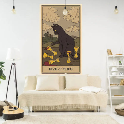 Vintage black cat tapestry wall hanging with golden cups featuring five of cups design for decorbites cat tapestry