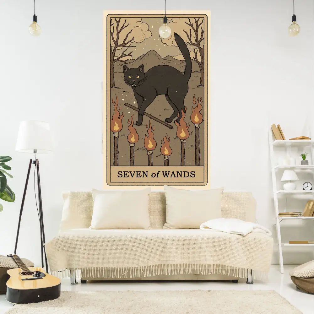 Vintage seven of wands tarot wall hanging featuring a black cat on flaming torches decorbites cat tapestry decor