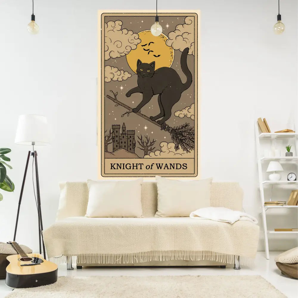 Vintage-style black cat tarot wall hanging with knight of wands text for decorbites cat tapestry bedroom decor