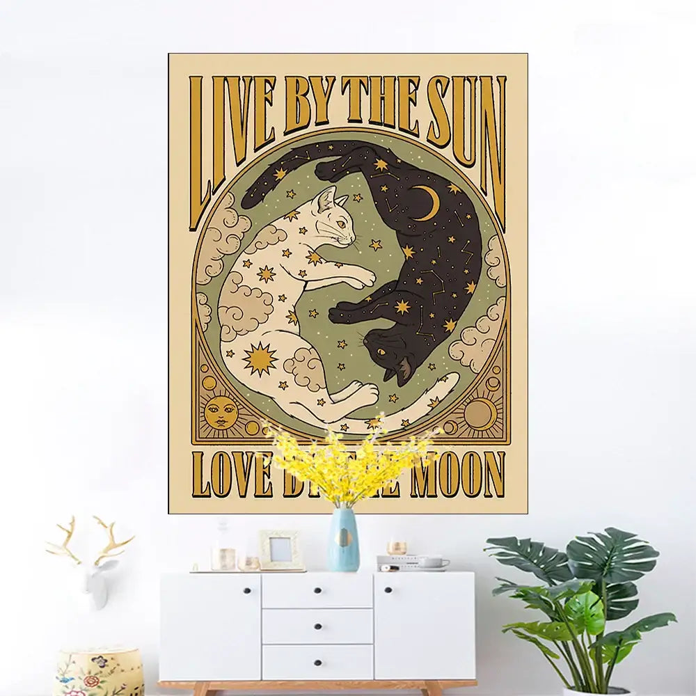 Vintage cat tarot wall hanging featuring a black and white yin-yang cat design for decorbites cat tapestry wall decor