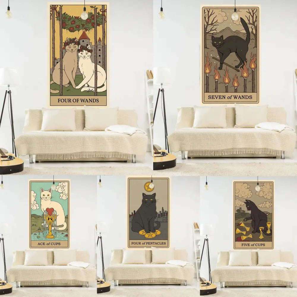 Vintage cat tapestry wall hanging featuring intricate muted earth tone tarot card illustrations for bedroom decorbites decor