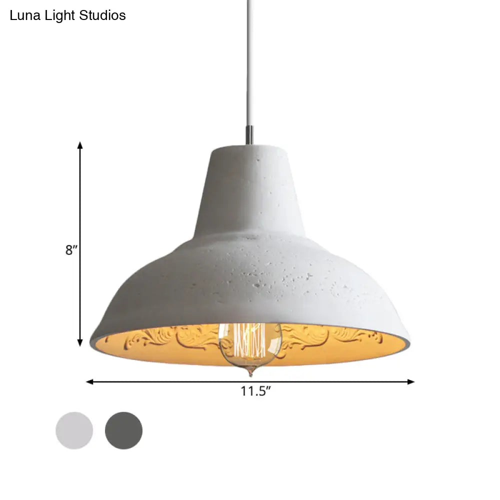 Vintage Cement Hanging Light Fixture - 1-Light Restaurant Ceiling Lamp in White/Grey with Carved Interior