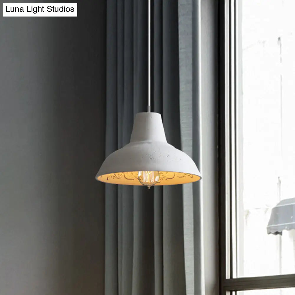 Vintage Cement Hanging Light Fixture - 1-Light Restaurant Ceiling Lamp in White/Grey with Carved Interior