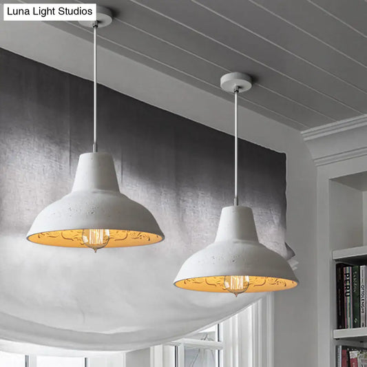 Vintage Cement Hanging Light Fixture - 1-Light Restaurant Ceiling Lamp in White/Grey with Carved Interior
