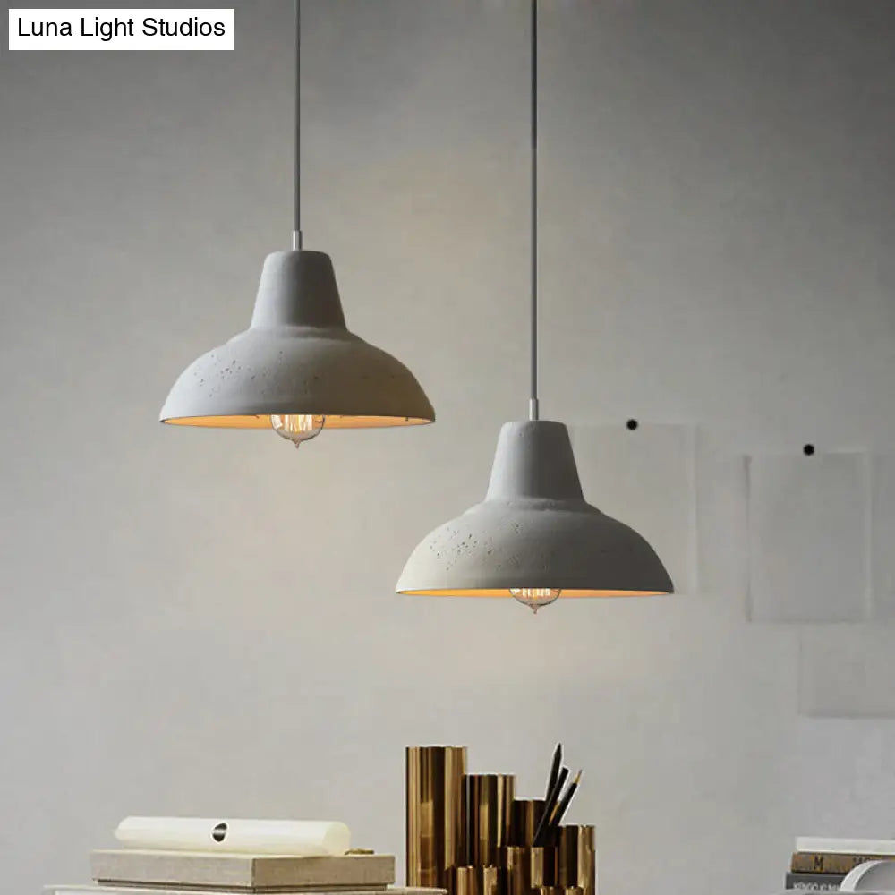 Vintage Cement Hanging Light Fixture - 1-Light Restaurant Ceiling Lamp in White/Grey with Carved Interior