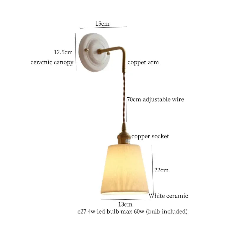 White ceramic and brass wall sconce with copper arm and adjustable wire decorbites adjustable led bedroom light