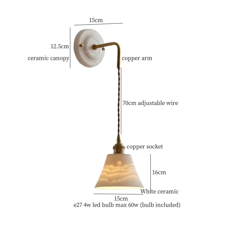 White ceramic and brass wall sconce with copper arm and adjustable led wire for bedroom decorbites adjustable led lighting