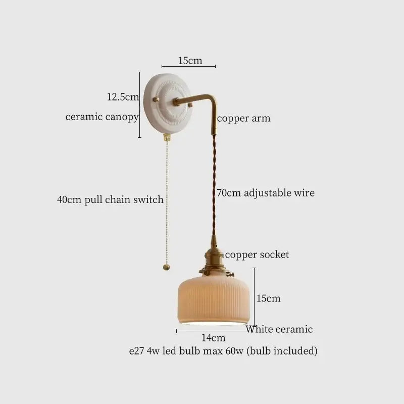 Vintage ceramic and brass wall sconce with adjustable led light, white canopy, copper arm, and ribbed glass shade by decorbites