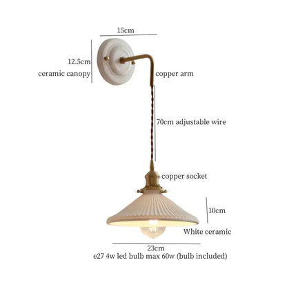 Vintage white ceramic and brass wall sconce with adjustable led, copper arm, and ribbed lampshade by decorbites adjustable led