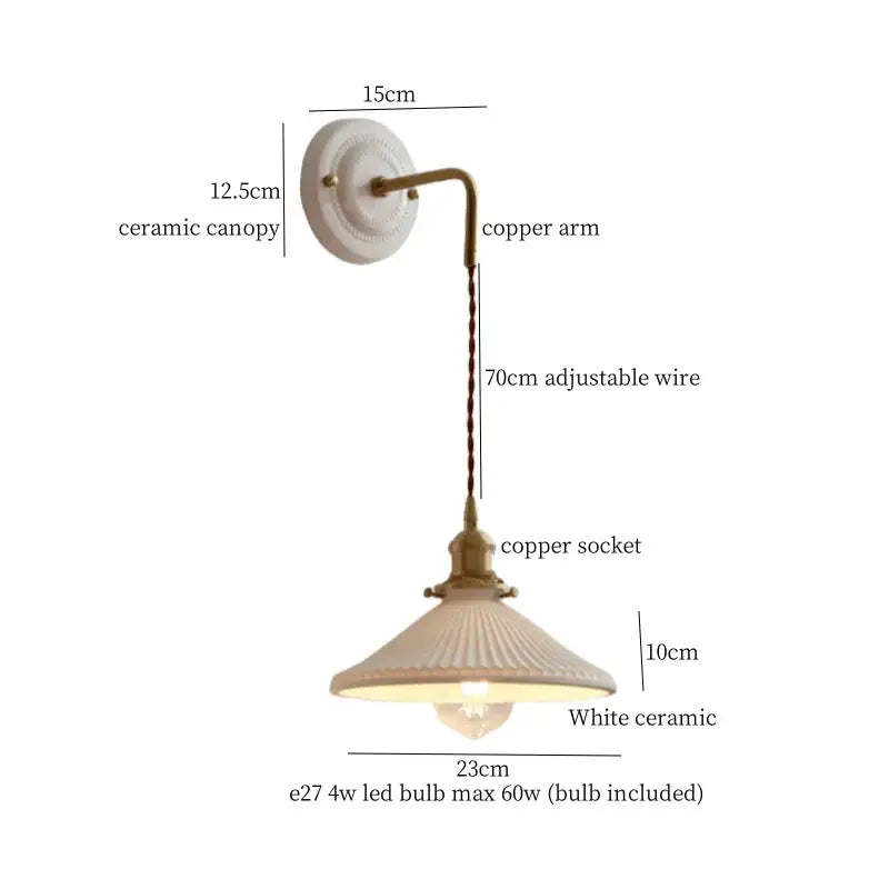 Vintage white ceramic and brass wall sconce with adjustable led, copper arm, and ribbed lampshade by decorbites adjustable led