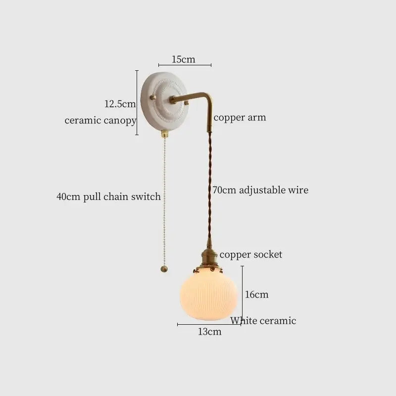 Vintage white ceramic and brass wall sconce with copper arm, adjustable led, ribbed glass shade, and 70cm wire by decorbites