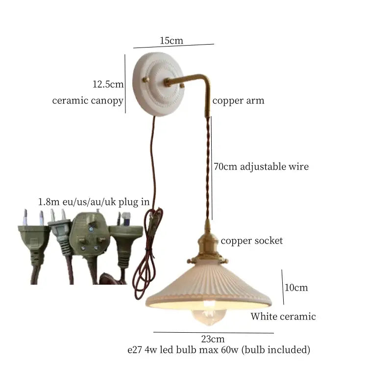 Vintage ceramic and brass wall sconce with adjustable led ribbed lampshade and copper arm for decorbites adjustable led lighting