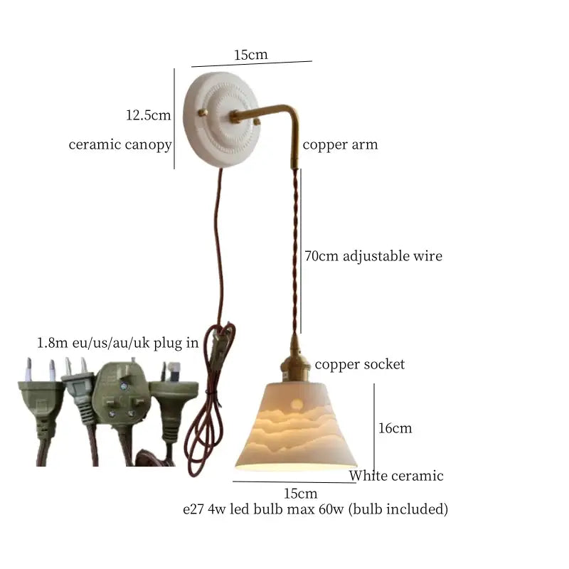 Vintage white ceramic and brass wall sconce with copper arm and adjustable wire for decorbites adjustable led lighting