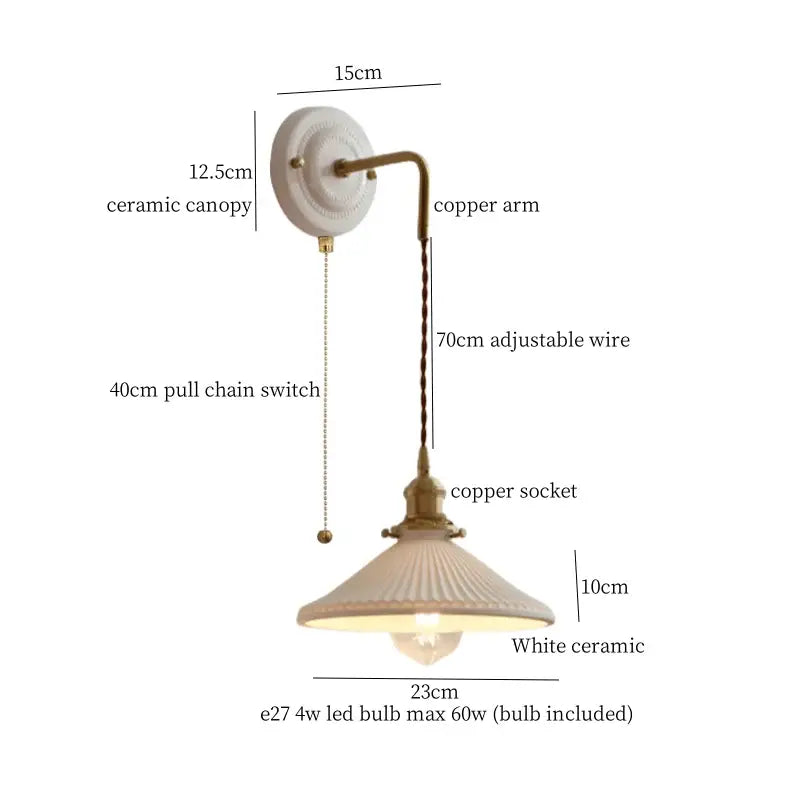 Vintage white ceramic and brass wall sconce with copper arm and adjustable led wire for bedroom decorbites adjustable led