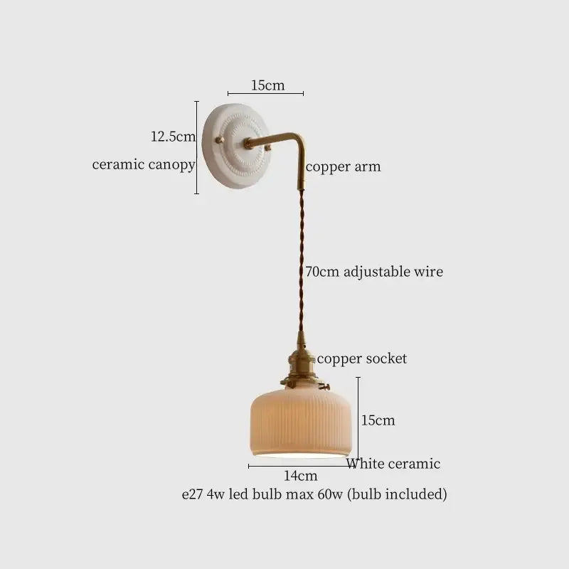 Vintage ceramic and brass wall sconce with adjustable led white ceramic shade and copper arm by decorbites adjustable led