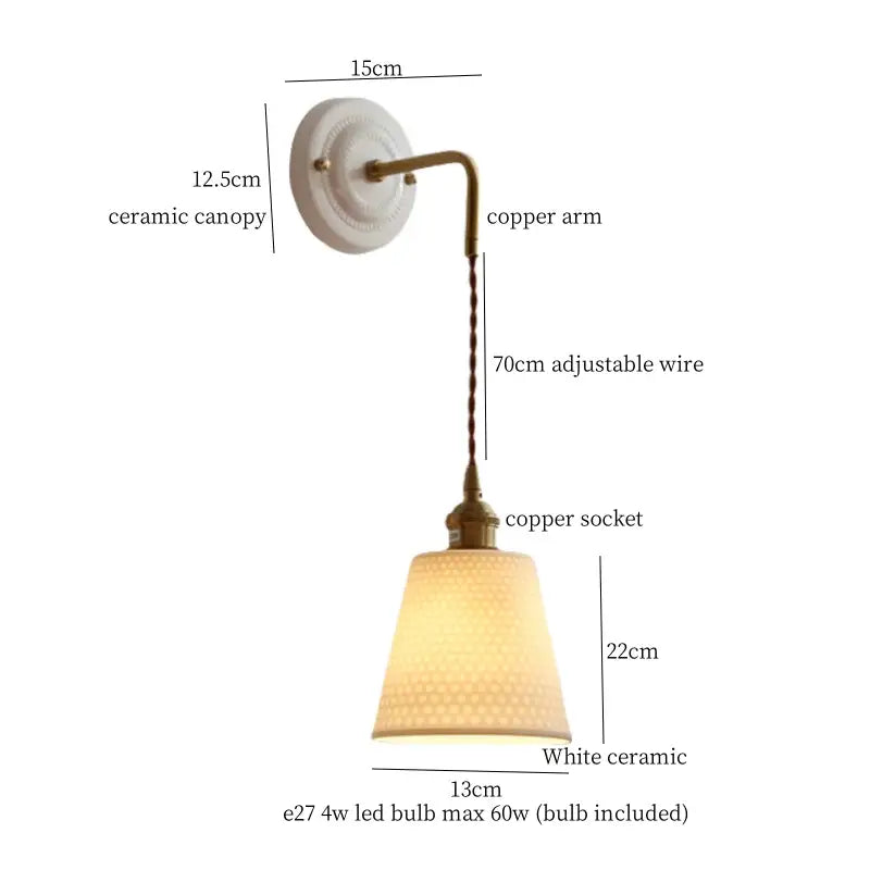 Vintage white ceramic and brass wall sconce with adjustable led, copper arm, and elegant bell-shaped shade for decorbites adjustable led lighting