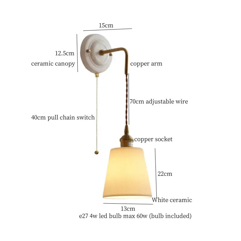 Vintage ceramic and brass wall sconce with adjustable led copper arm and pleated off-white ceramic shade by decorbites