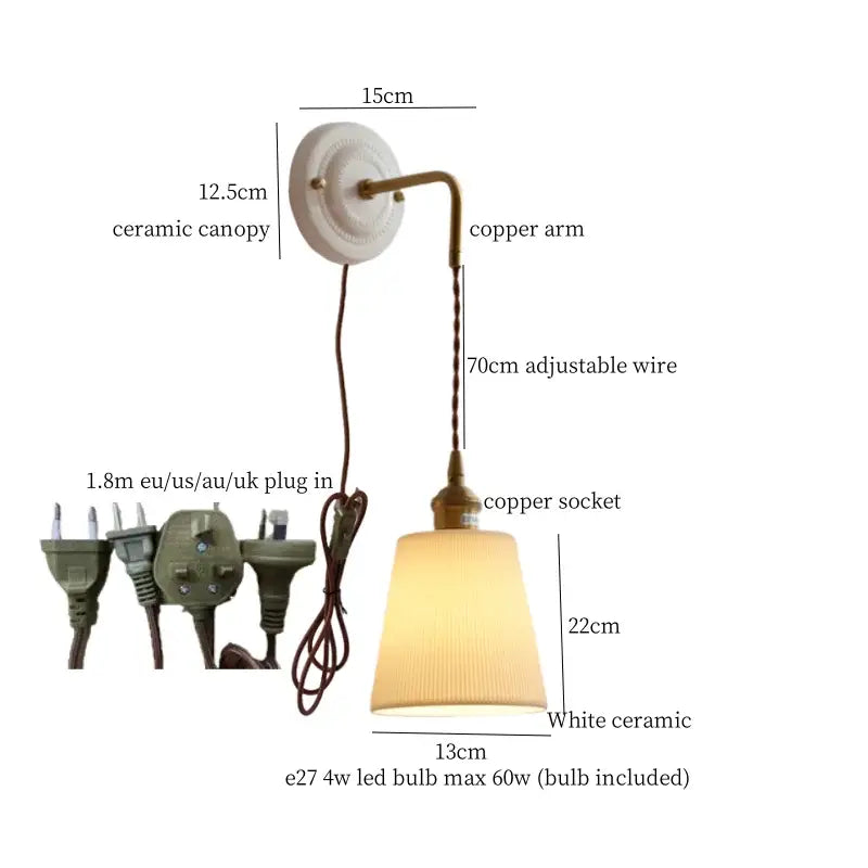 Vintage ceramic and brass wall sconce with adjustable led, white ribbed ceramic shade, and copper arm by decorbites