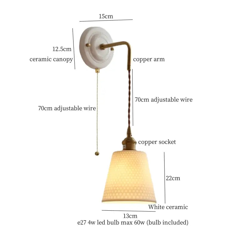 Vintage white ceramic and brass wall sconce with copper arm, adjustable wire, textured shade, and decorbites adjustable led light