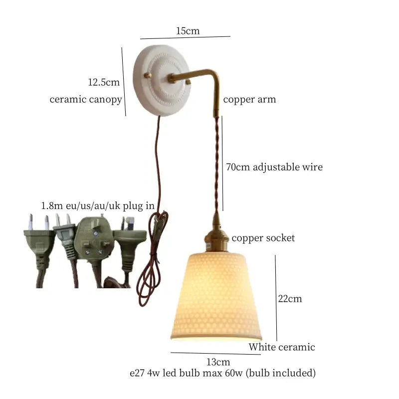 White ceramic and brass wall sconce with adjustable led textured shade and 70cm wire by decorbites adjustable led